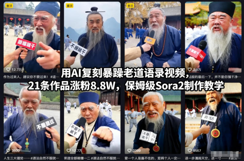 用AI复刻暴躁老道语录视频，21条作品涨粉8.8W，保姆级Sora2制作教学-黑猫科技云网创
