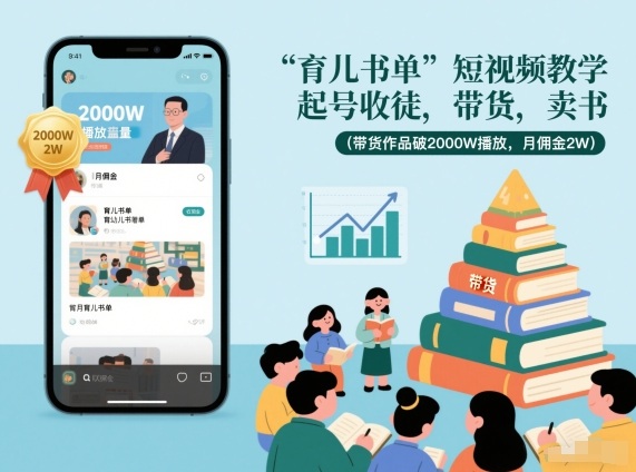 育儿书单短视频教学，起号收徒，带货，卖书(带货作品破2000W播放，月佣金2W)-黑猫科技云网创