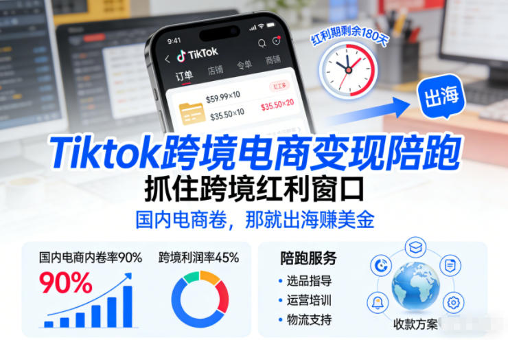 Tiktok跨境电商变现陪跑，抓住跨境红利窗口，国内电商卷，那就出海賺美金-黑猫科技云网创