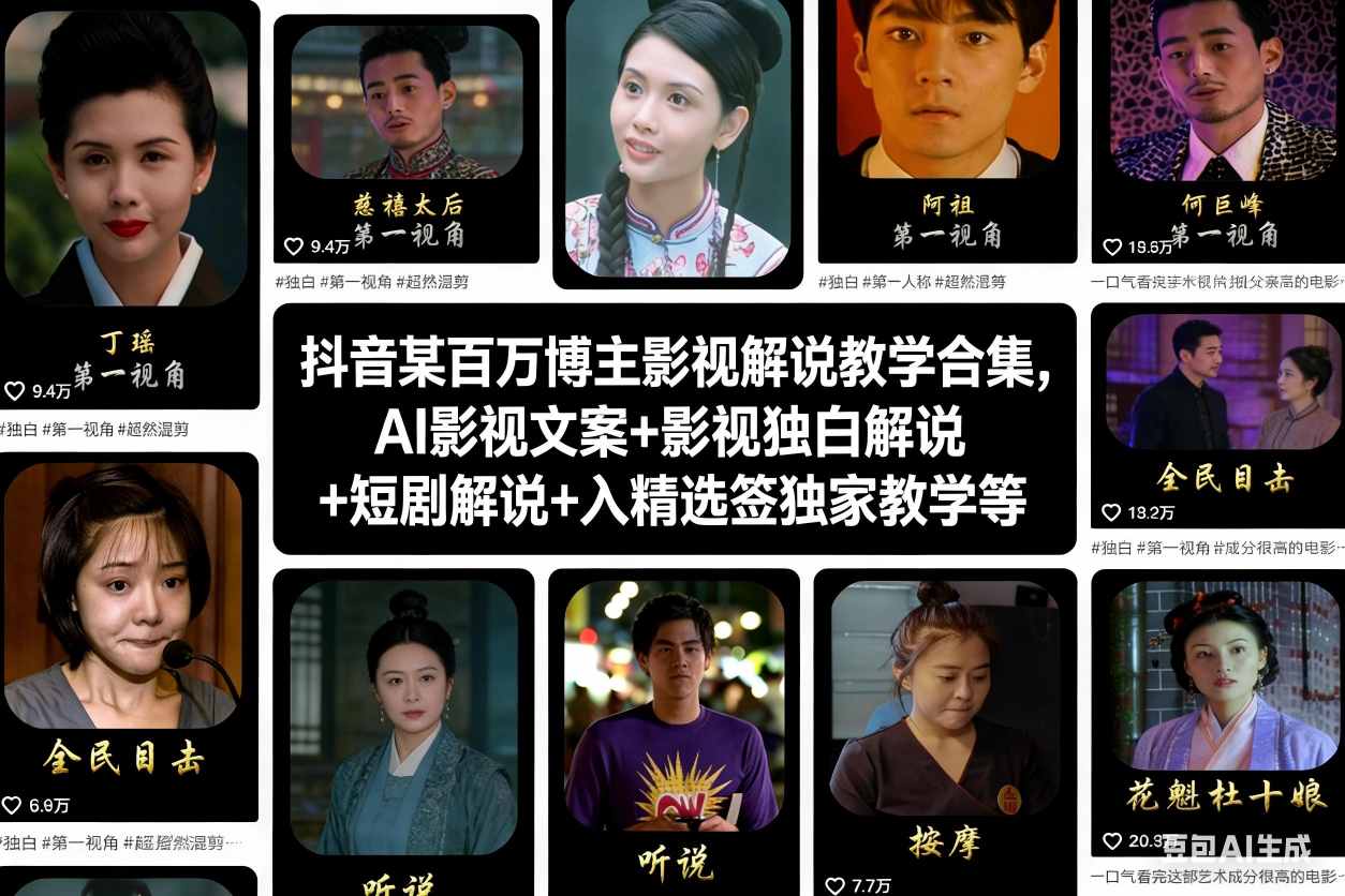 抖音某百万博主影视解说教学合集，AI影视文案+影视独白解说+短剧解说+入精选签独家教学等-黑猫科技云网创