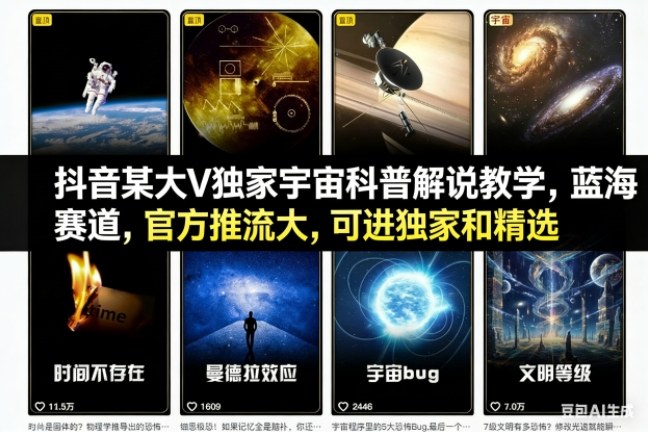 抖音某大V独家宇宙科普解说教学，蓝海赛道，官方推流大，可进独家和精选-黑猫科技云网创