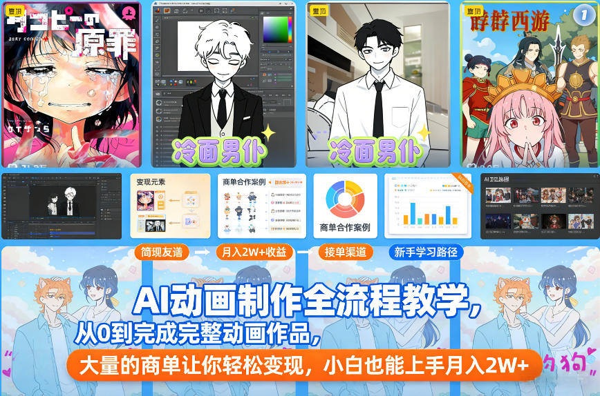 AI动画制作全流程教学，从0到完成完整动画作品，大量的商单让你轻松变现，小白也能上手月入2W+-黑猫科技云网创