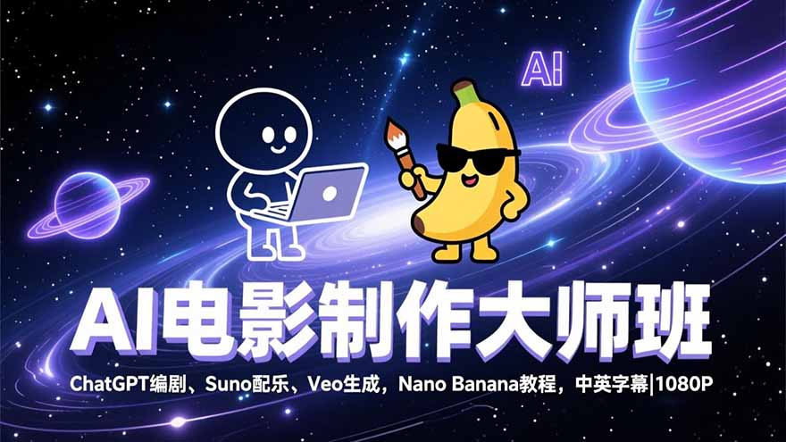 AI电影制作大师班：ChatGPT编剧、Suno配乐、Veo生成，Nano Banana教程，中英字幕|1080P-黑猫科技云网创