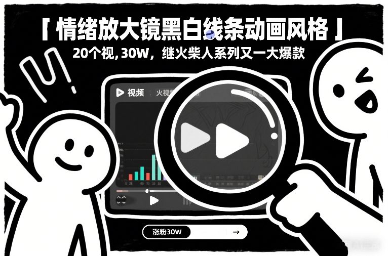情绪放大镜黑白线条动画风格，20个视频，涨粉30W，继火柴人系列又一大爆款-黑猫科技云网创