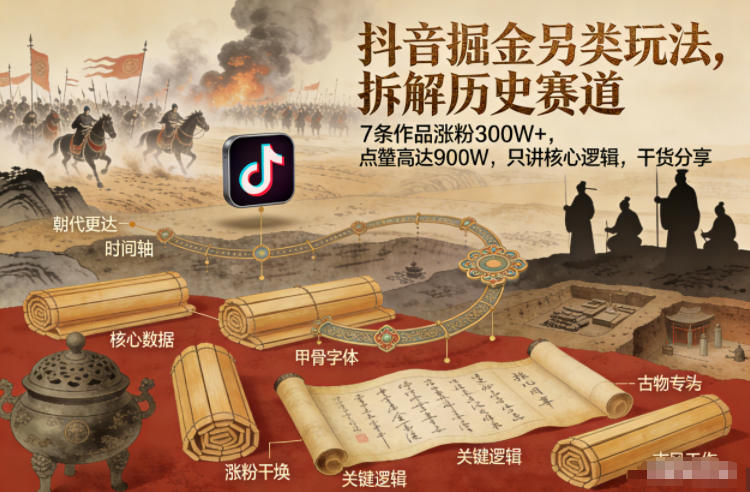 抖音掘金另类玩法，拆解历史赛道，7条作品涨粉300W+，点赞量高达900W，只讲核心逻辑，干货分享-黑猫科技云网创