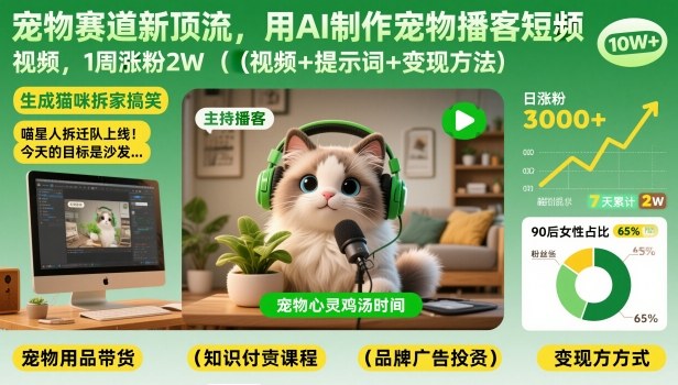 宠物赛道新顶流，用AI制作宠物播客短视频，1周涨粉2W(视频+提示词+变现方法)-黑猫科技云网创