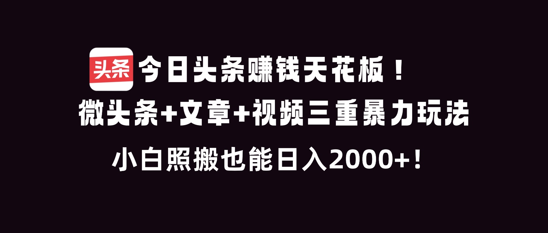 今日头条赚钱天花板！微头条+文章+视频三重暴利玩法，小白照搬也能日人2000+-黑猫科技云网创