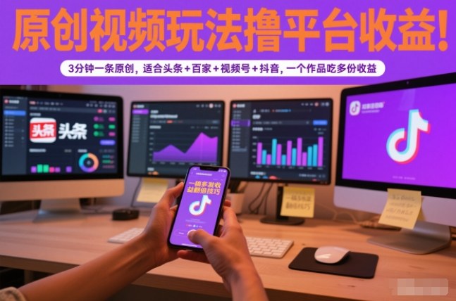 原创视频玩法撸平台收益，3分钟一条原创，适合头条+百家+视频号+抖音，一个作品吃多份收益-黑猫科技云网创