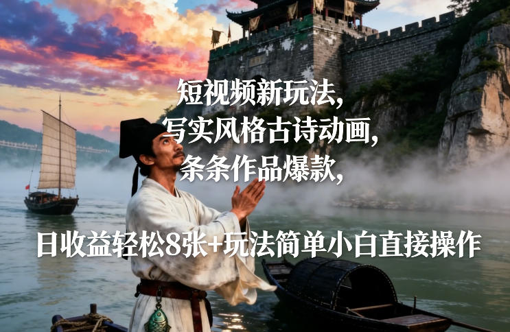 短视频新玩法，写实风格古诗动画，条条作品爆款，日收益轻松8张+玩法简单小白直接操作-黑猫科技云网创