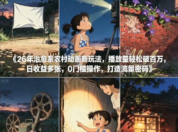 26年治愈系农村动画新玩法，播放量轻松破百万，日收益多张，0门槛操作，打造流量密码-黑猫科技云网创